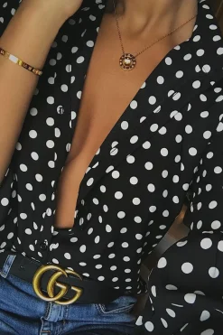 Rebellious Fashion Black and White Polka Dot Shirt with Bell Sleeves - Harper