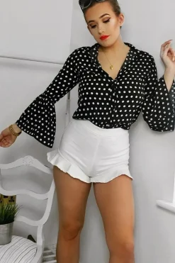 Rebellious Fashion Black and White Polka Dot Shirt with Bell Sleeves - Harper