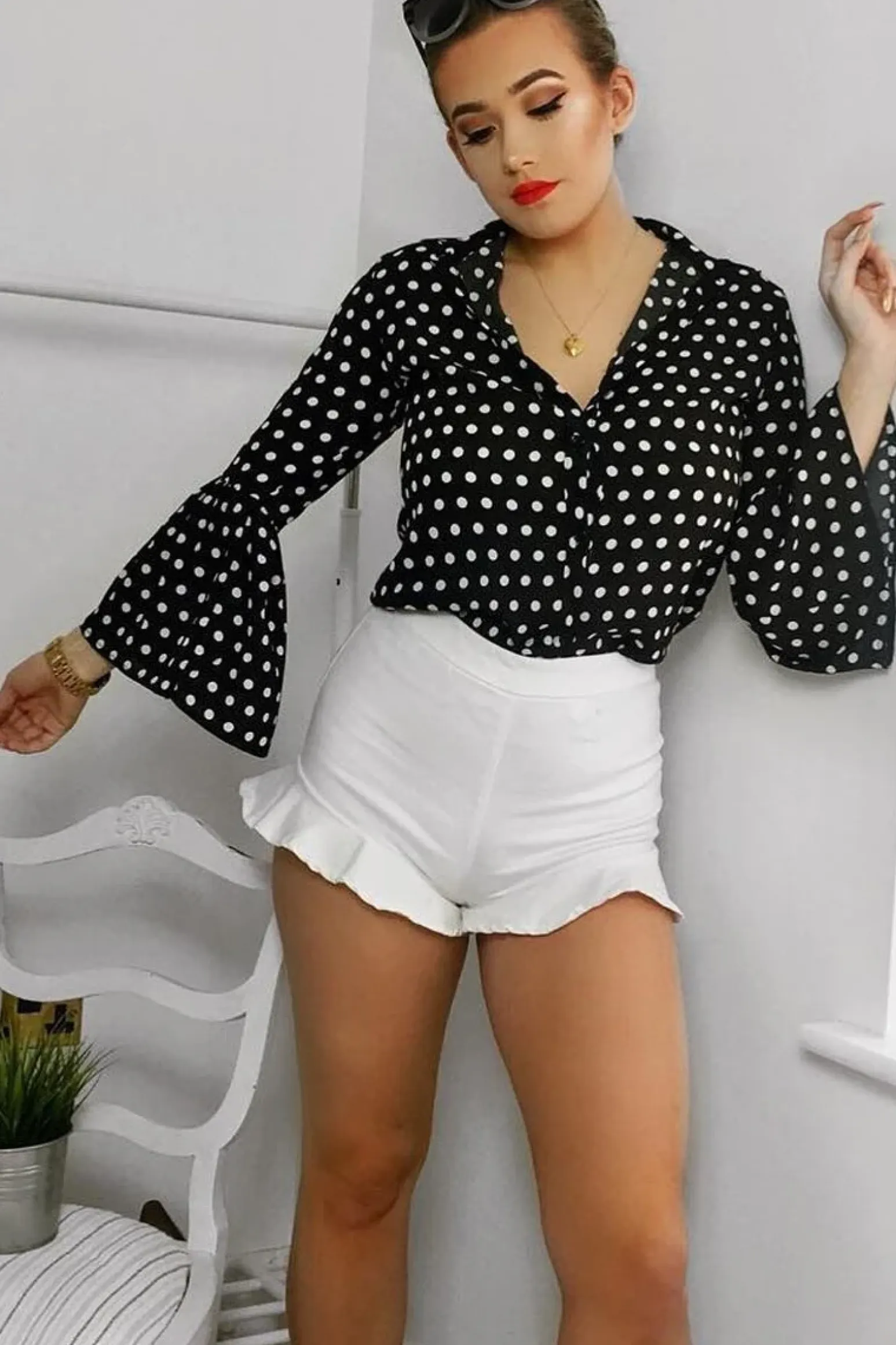 Rebellious Fashion Black and White Polka Dot Shirt with Bell Sleeves - Harper