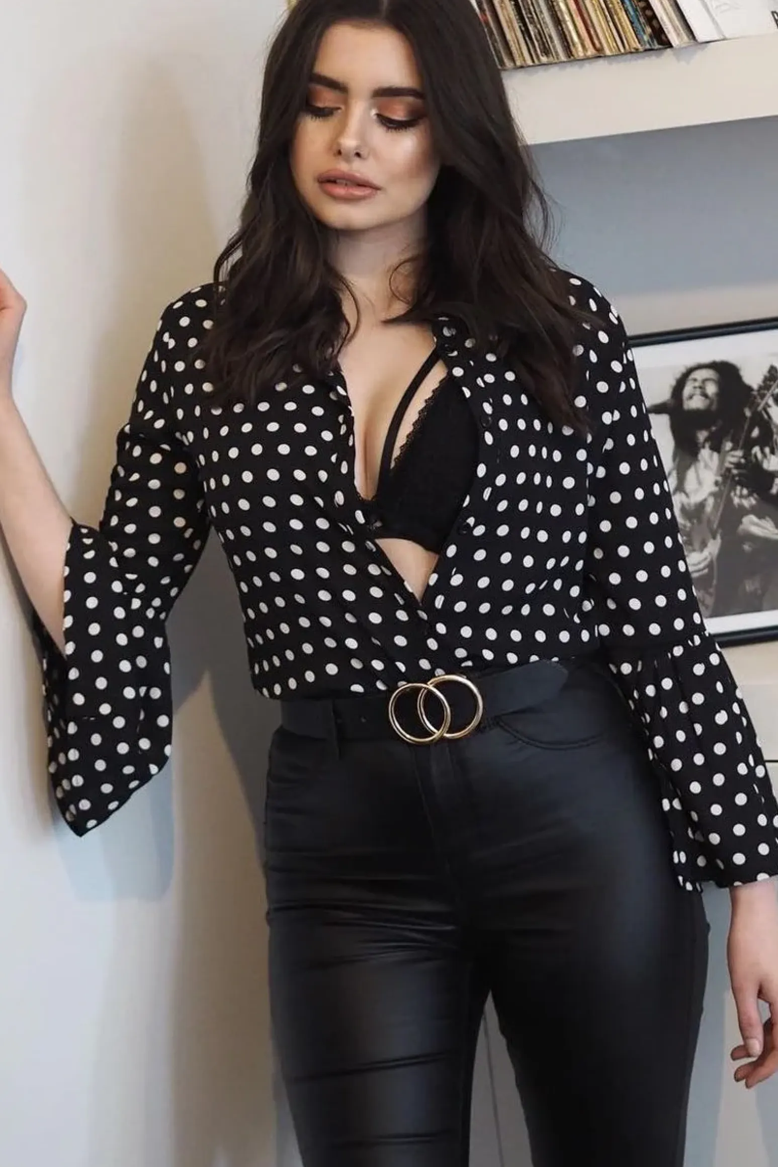 Rebellious Fashion Black and White Polka Dot Shirt with Bell Sleeves - Harper