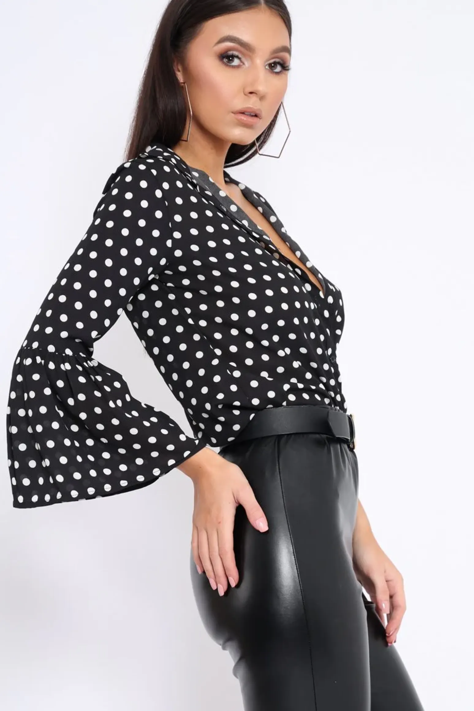 Rebellious Fashion Black and White Polka Dot Shirt with Bell Sleeves - Harper