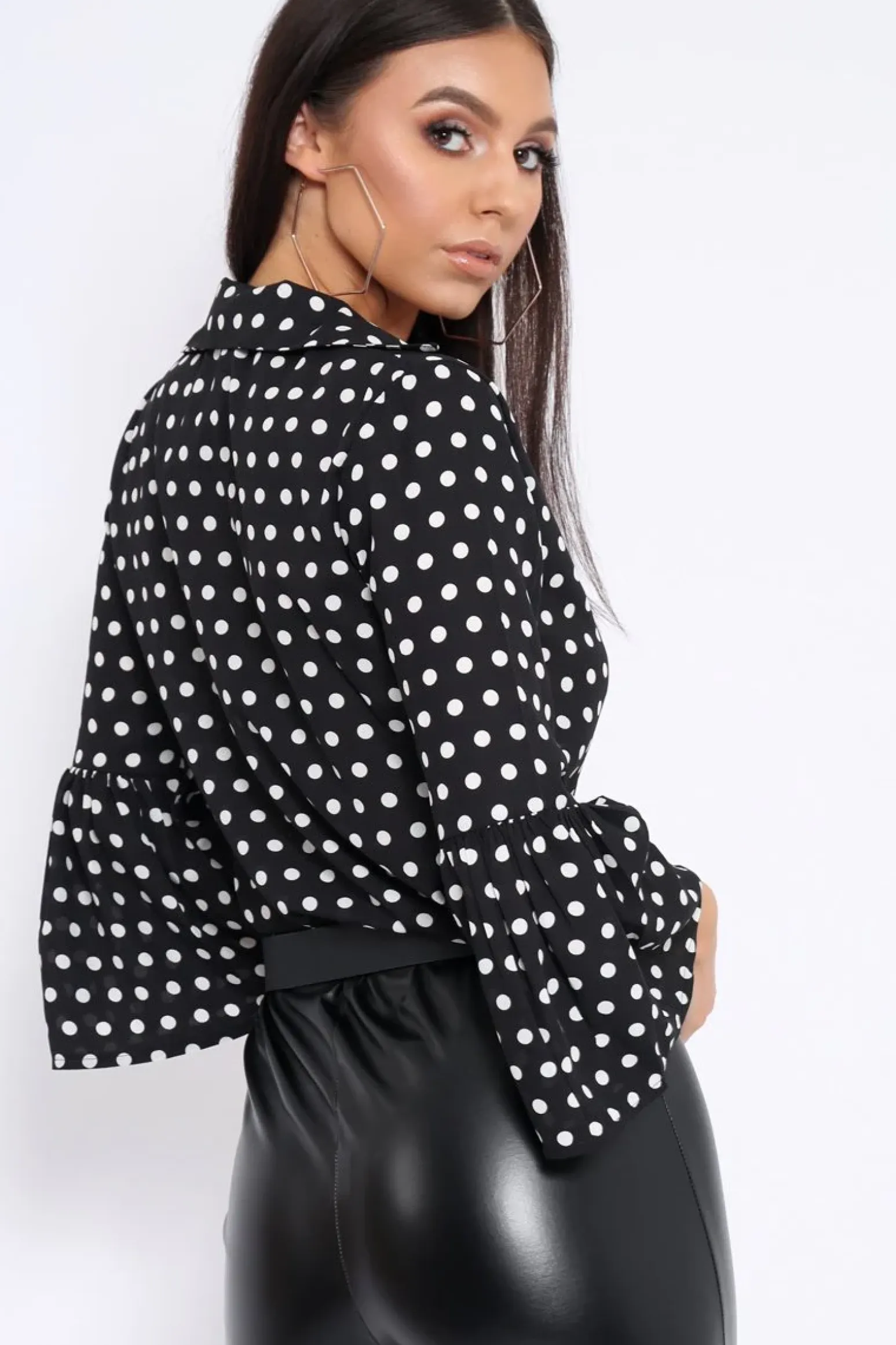 Rebellious Fashion Black and White Polka Dot Shirt with Bell Sleeves - Harper