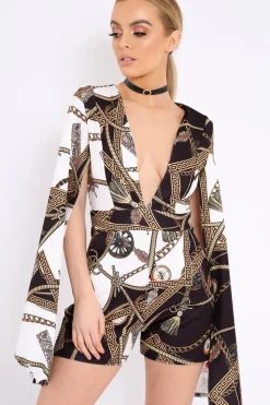 Rebellious Fashion Black and White Rope Print Cape Playsuit - Zyona
