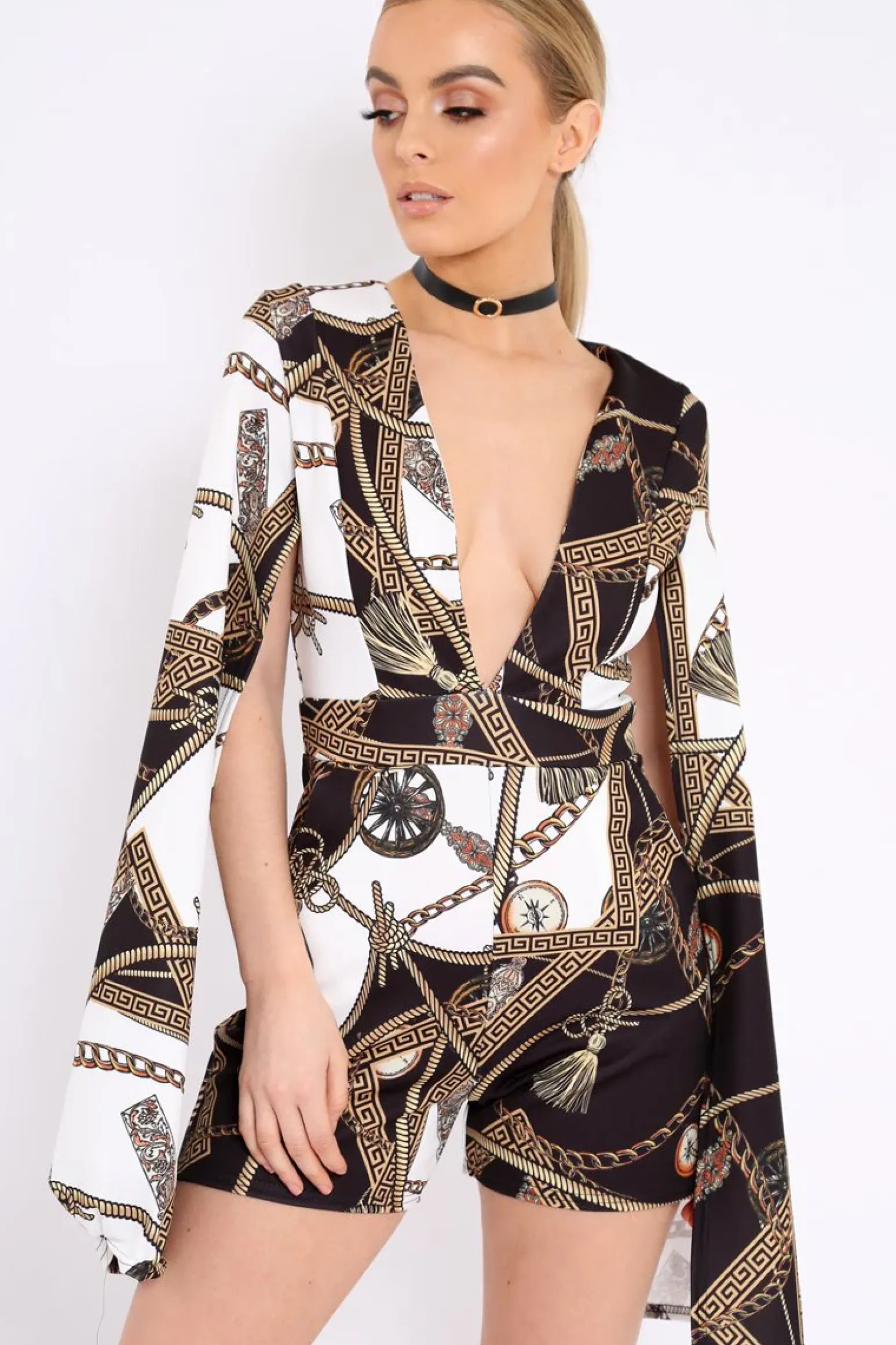 Rebellious Fashion Black and White Rope Print Cape Playsuit - Zyona