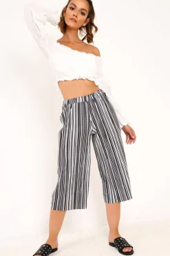 Rebellious Fashion Black And White Stripe Crepe Culottes - Ghada