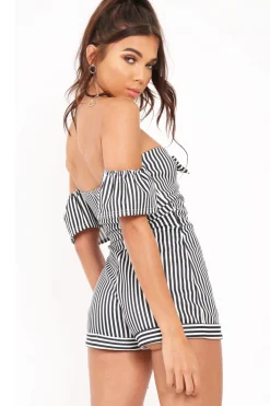 Rebellious Fashion Black and White Striped Bardot Playsuit - Suzey