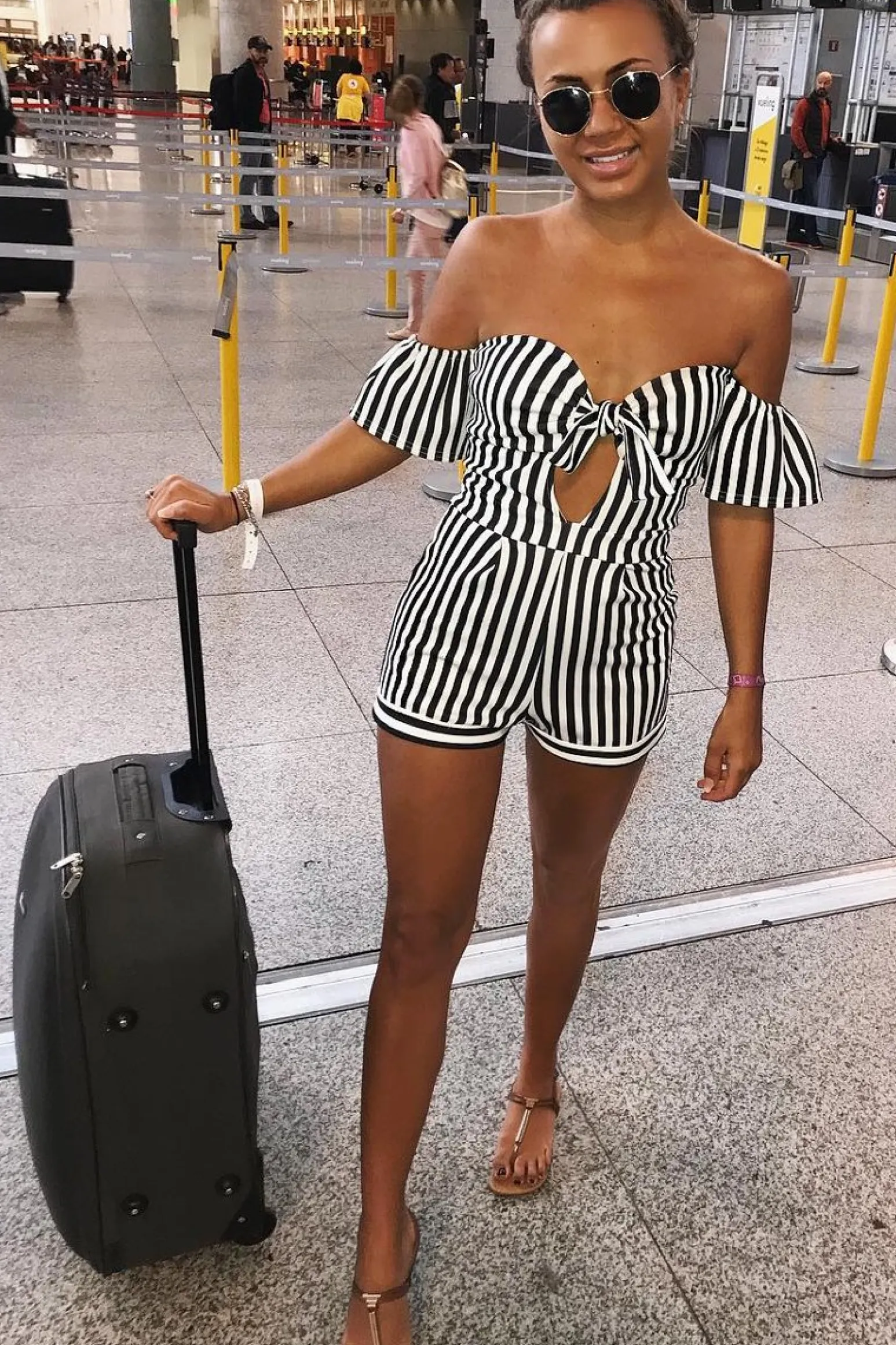 Rebellious Fashion Black and White Striped Bardot Playsuit - Gracy