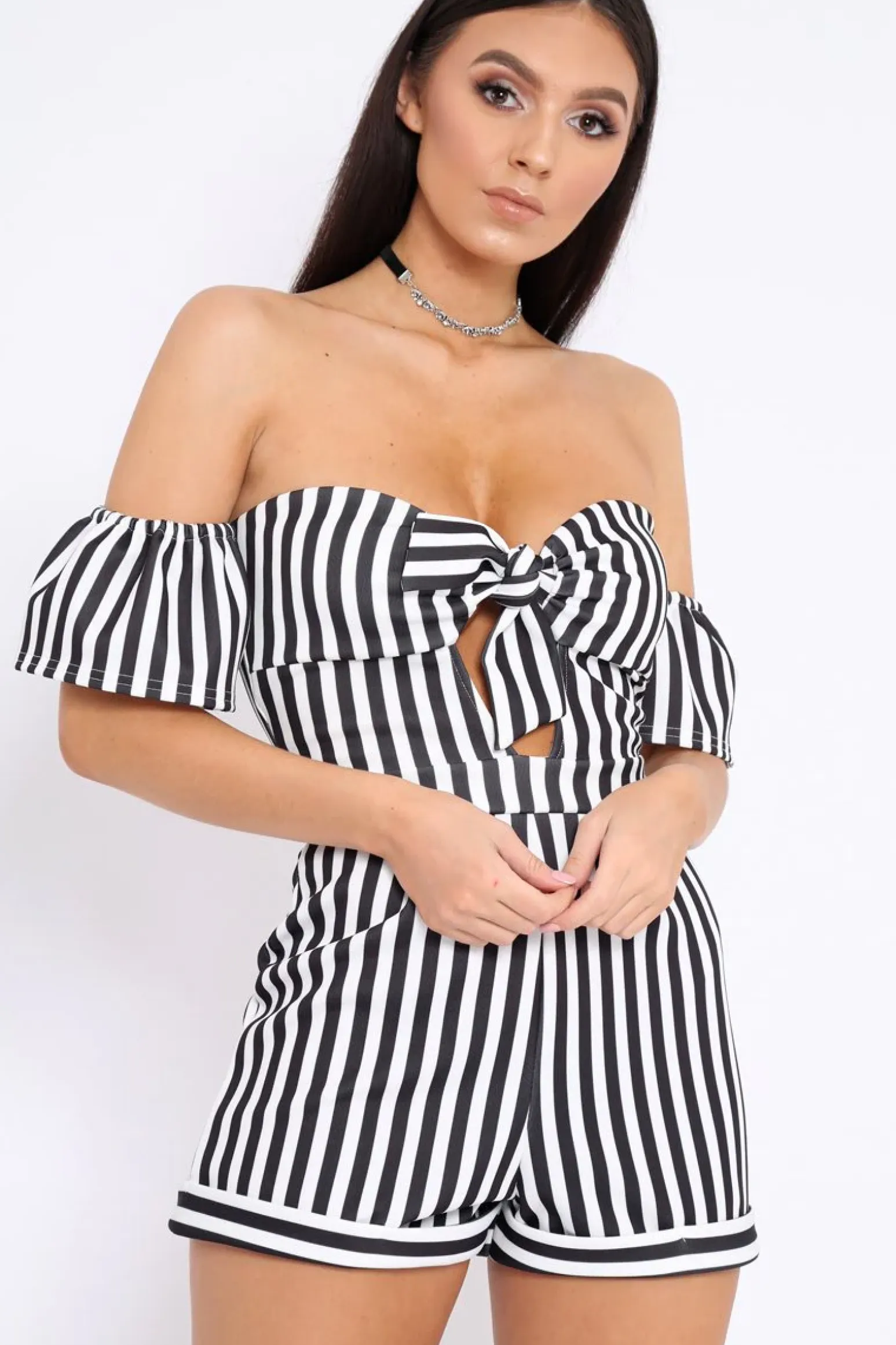 Rebellious Fashion Black and White Striped Bardot Playsuit - Gracy