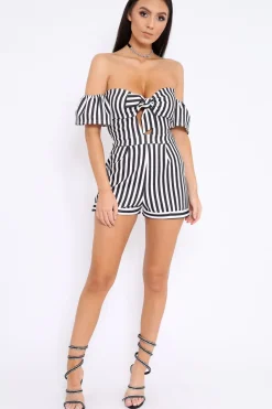 Rebellious Fashion Black and White Striped Bardot Playsuit - Gracy