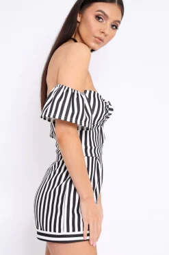 Rebellious Fashion Black and White Striped Bardot Playsuit - Gracy