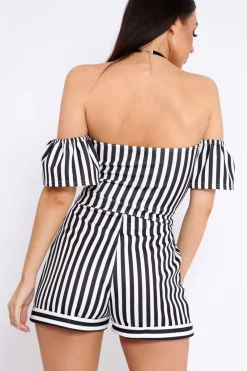 Rebellious Fashion Black and White Striped Bardot Playsuit - Gracy