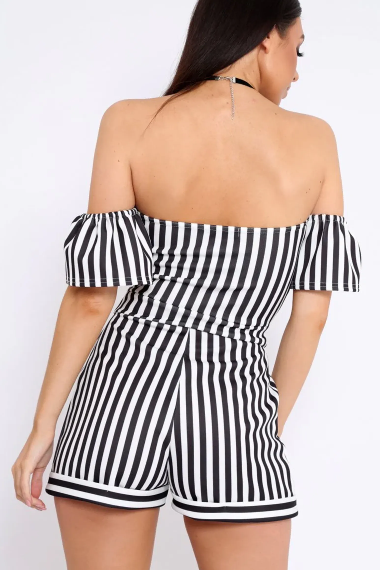 Rebellious Fashion Black and White Striped Bardot Playsuit - Gracy