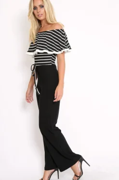 Rebellious Fashion Black and White Striped Bardot Top Jumpsuit - Shana