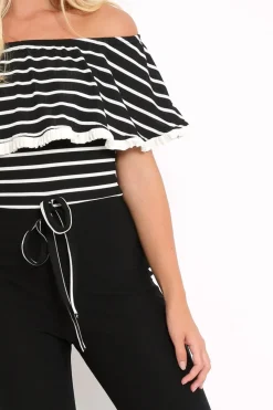 Rebellious Fashion Black and White Striped Bardot Top Jumpsuit - Shana