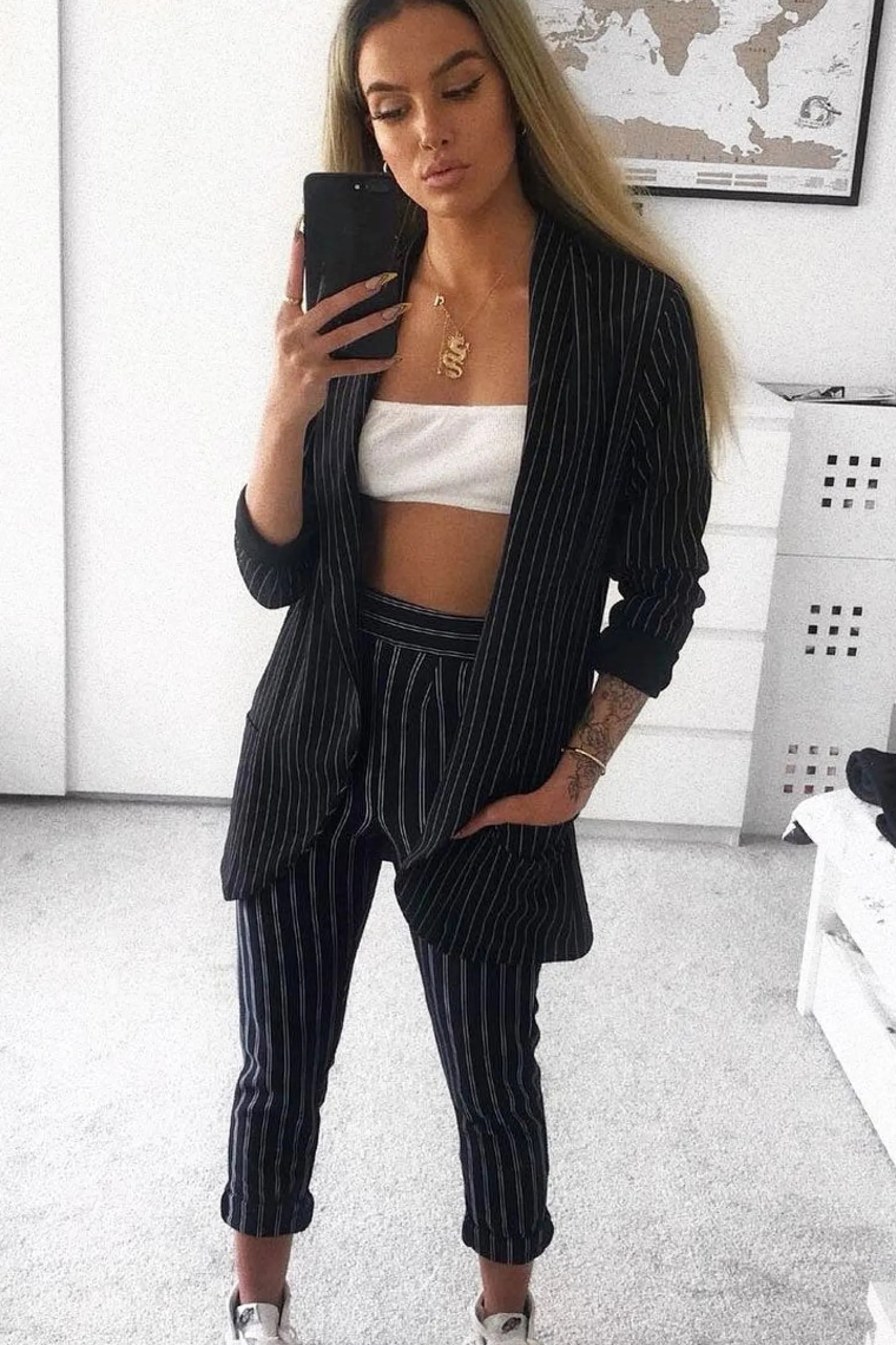 Rebellious Fashion Black and White Striped Blazer - Wendi