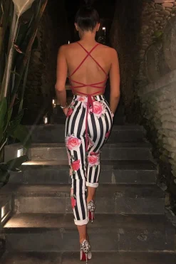 Rebellious Fashion Black and White Striped Floral Tapered Trousers - Ledora
