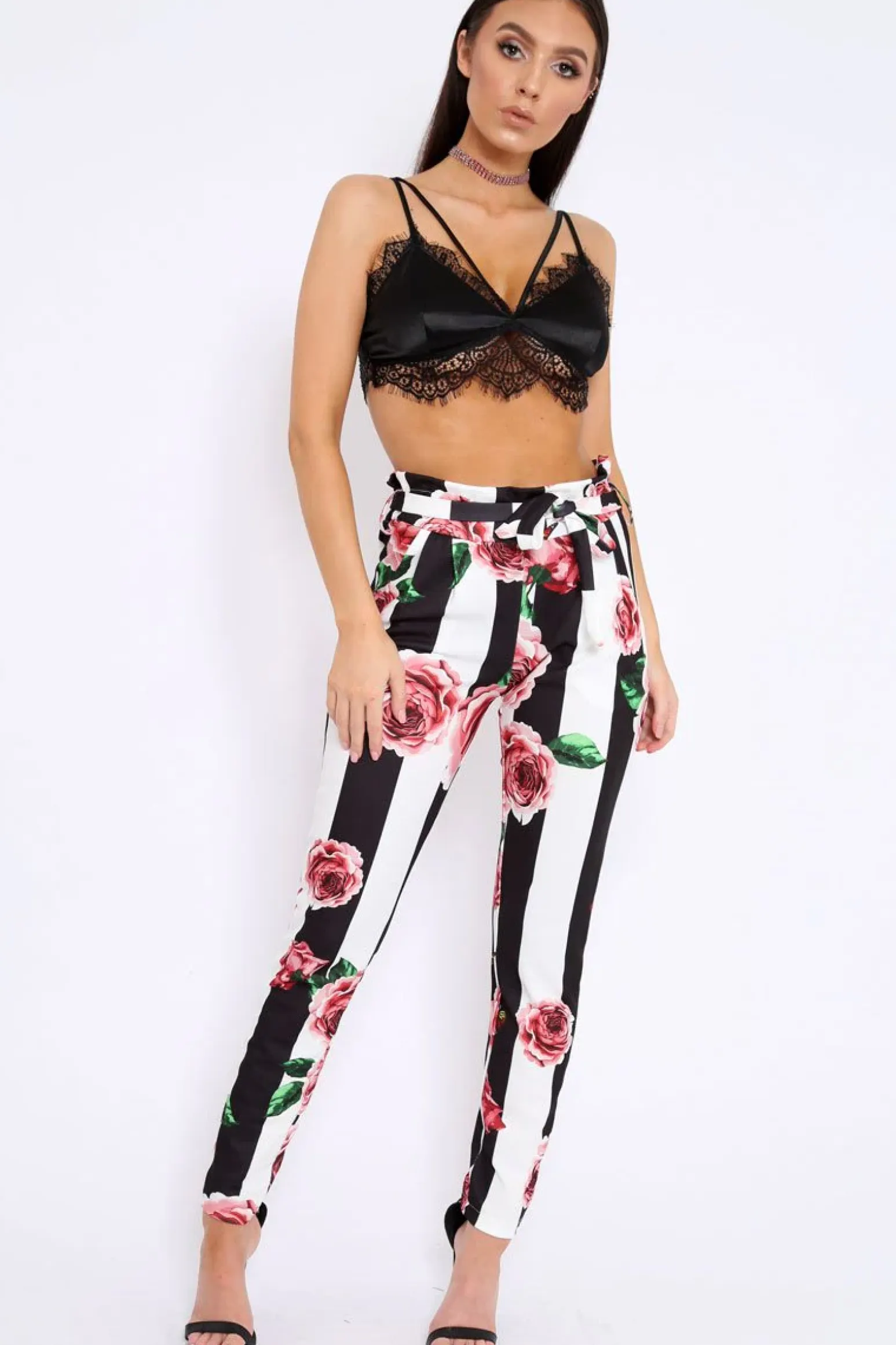 Rebellious Fashion Black and White Striped Floral Tapered Trousers - Ledora