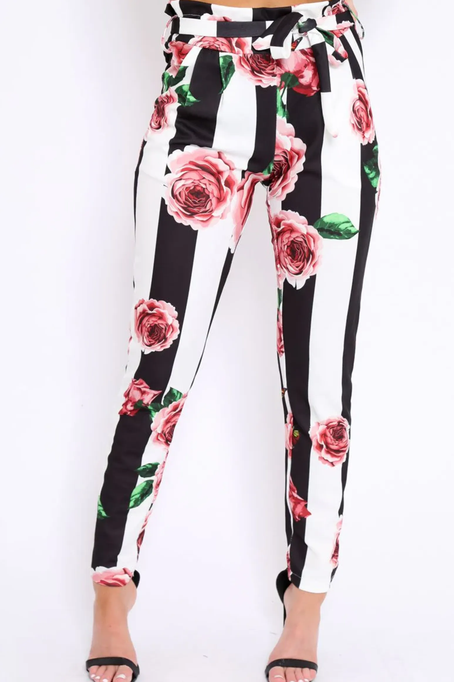 Rebellious Fashion Black and White Striped Floral Tapered Trousers - Ledora