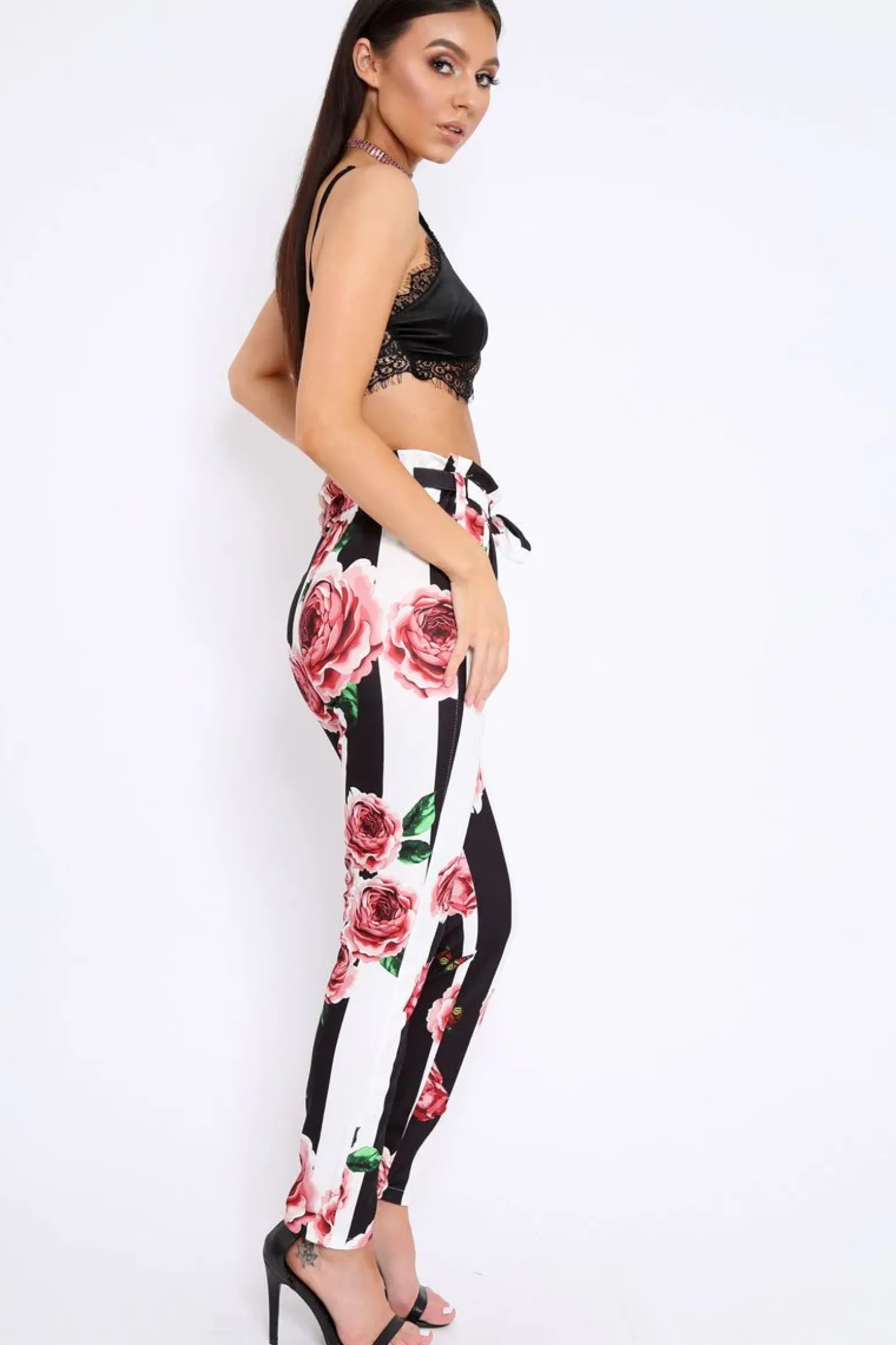 Rebellious Fashion Black and White Striped Floral Tapered Trousers - Ledora