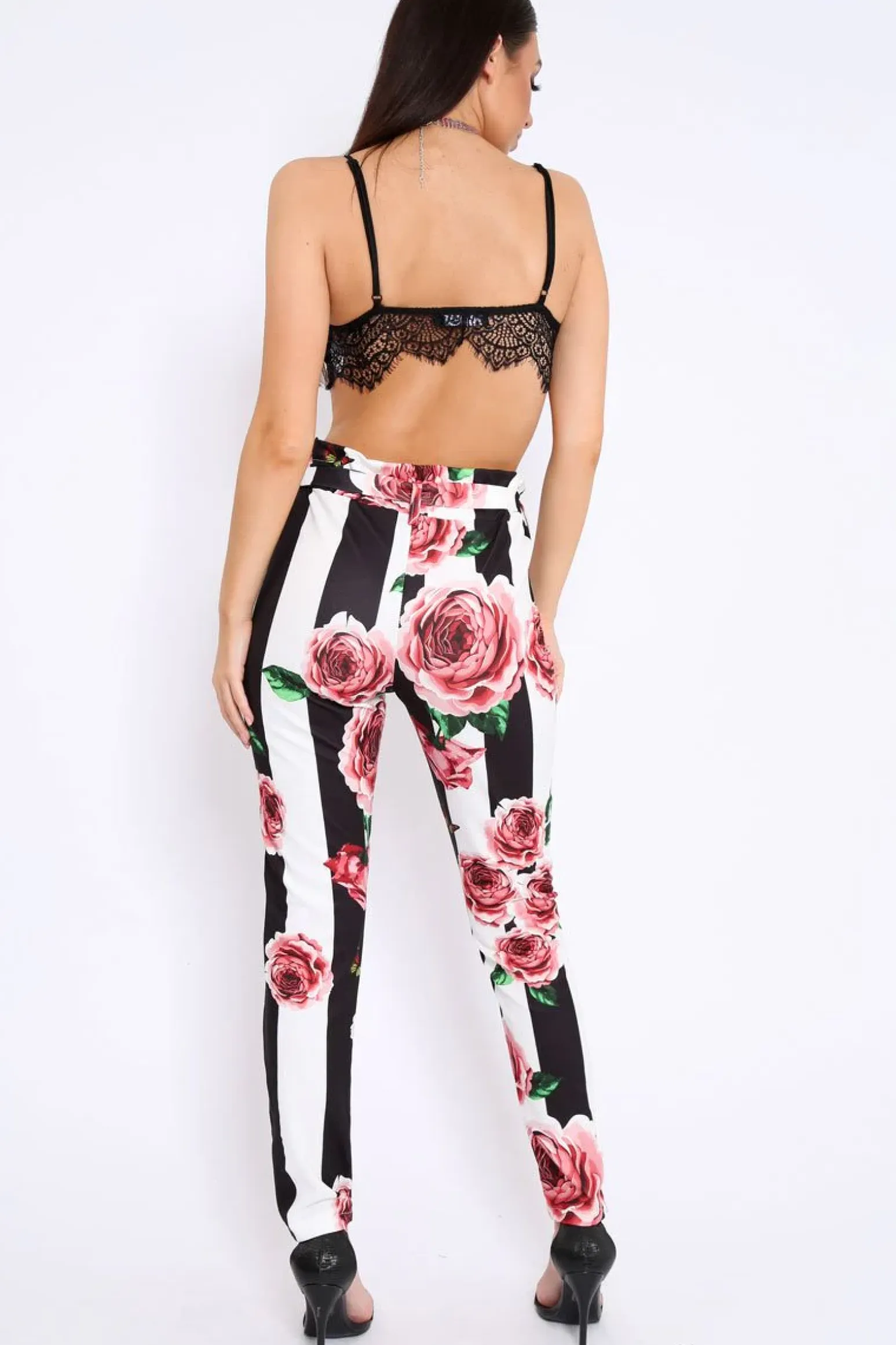Rebellious Fashion Black and White Striped Floral Tapered Trousers - Ledora