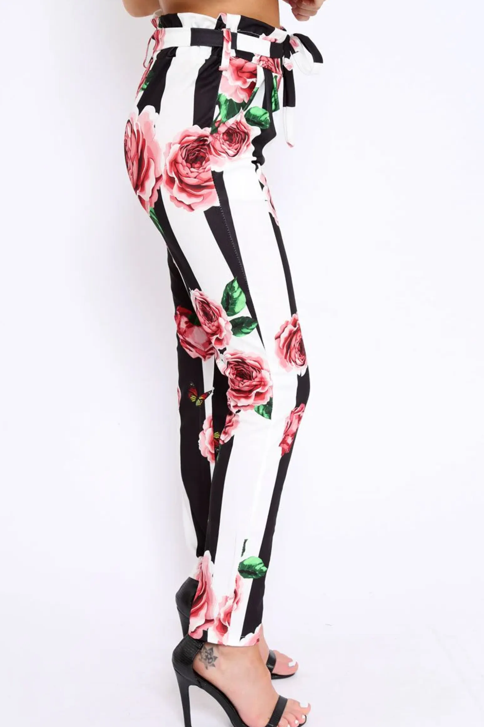 Rebellious Fashion Black and White Striped Floral Tapered Trousers - Ledora