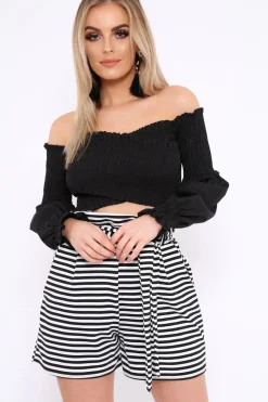 Rebellious Fashion Black and White Striped Paper Bag Tie Waist Shorts - Sigrid
