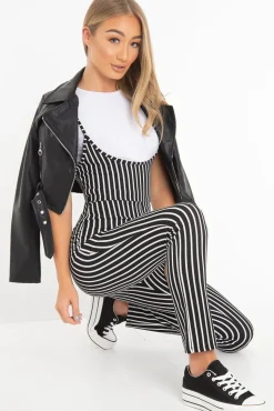 Rebellious Fashion Black and White Striped Tie Up T shirt Insert Jumpsuit - Ahonesti