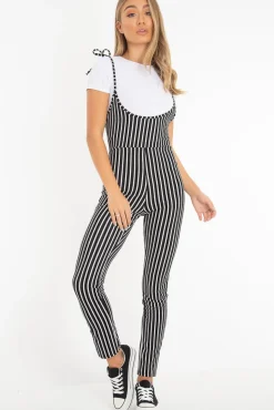 Rebellious Fashion Black and White Striped Tie Up T shirt Insert Jumpsuit - Ahonesti