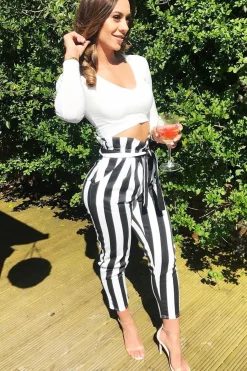 Rebellious Fashion Black and White Striped Tie Waist Tapered Trousers - Dura