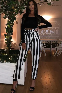 Rebellious Fashion Black and White Striped Tie Waist Tapered Trousers - Dura