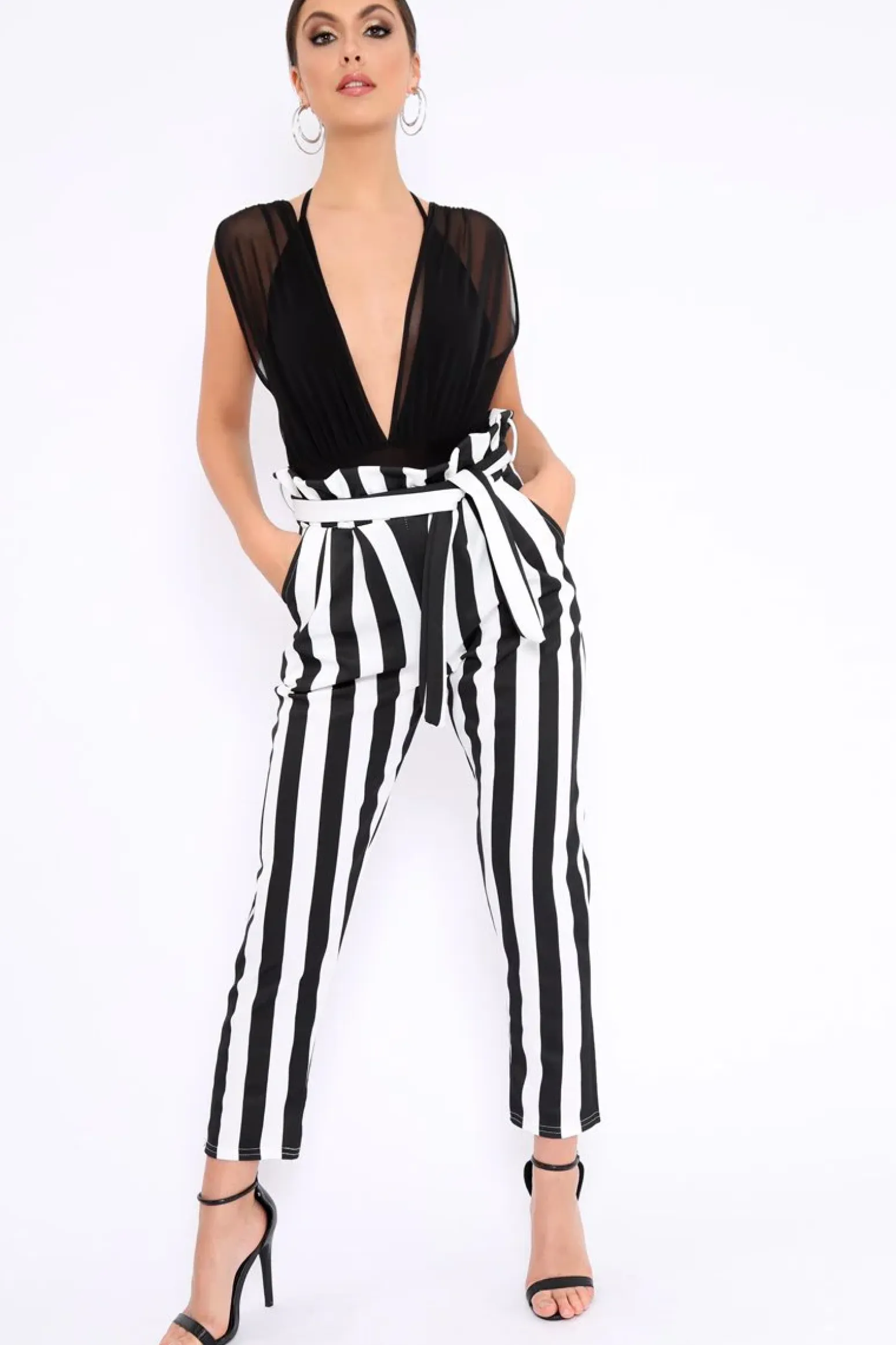 Rebellious Fashion Black and White Striped Tie Waist Tapered Trousers - Dura