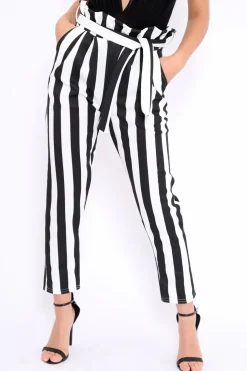 Rebellious Fashion Black and White Striped Tie Waist Tapered Trousers - Dura