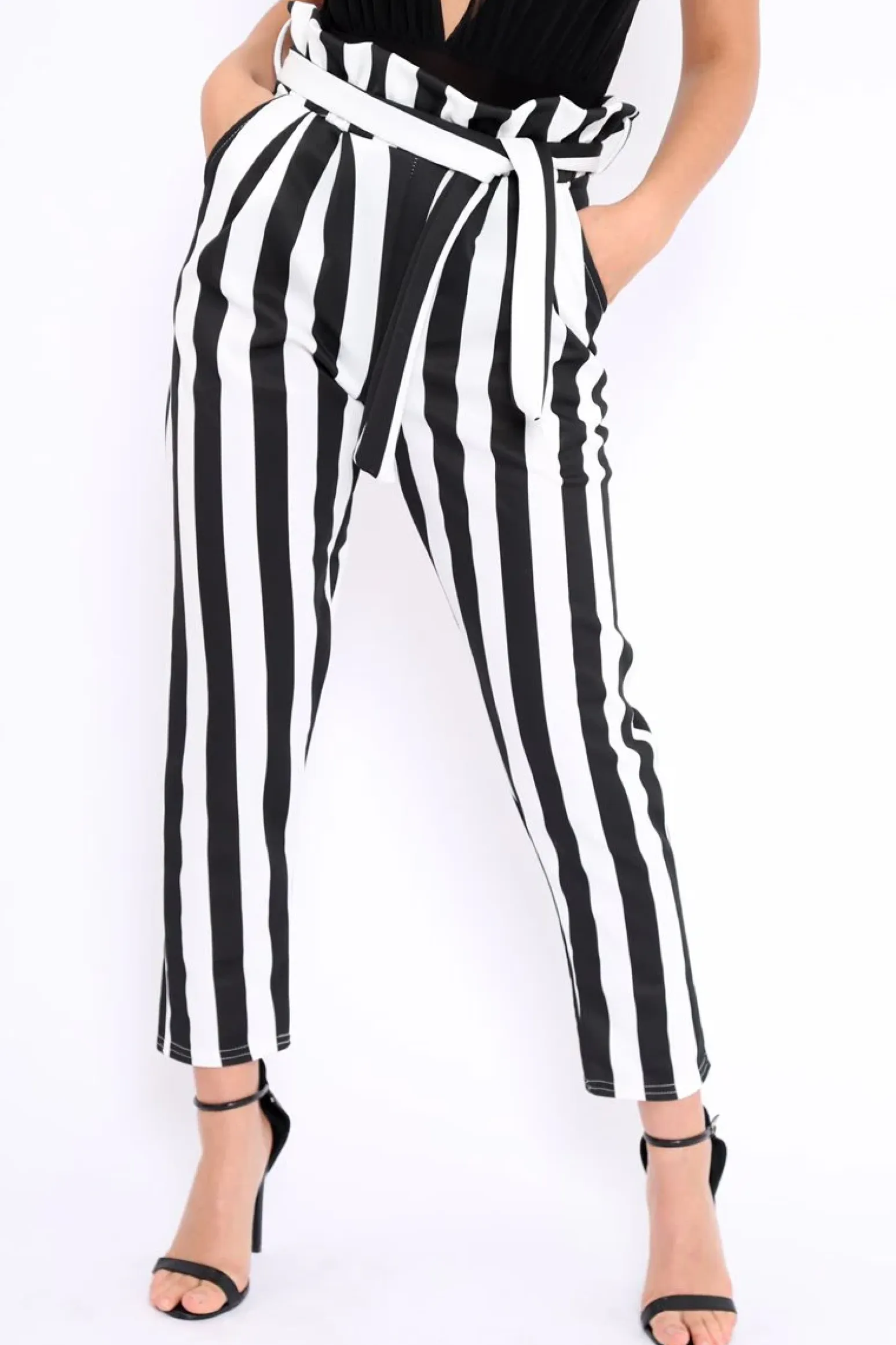 Rebellious Fashion Black and White Striped Tie Waist Tapered Trousers - Dura