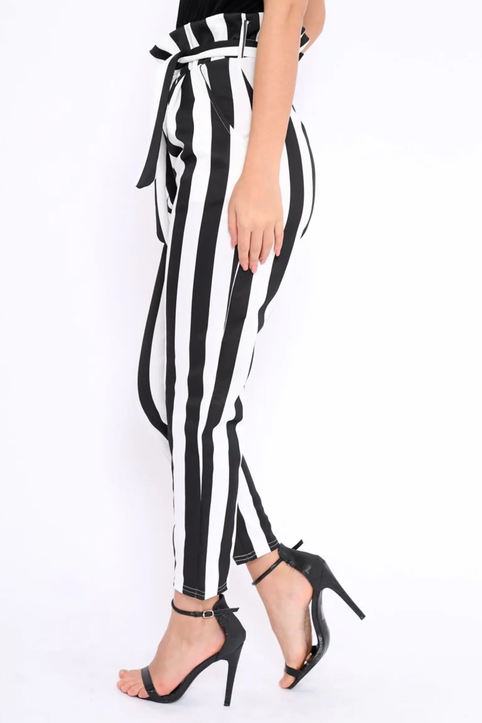 Rebellious Fashion Black and White Striped Tie Waist Tapered Trousers - Dura