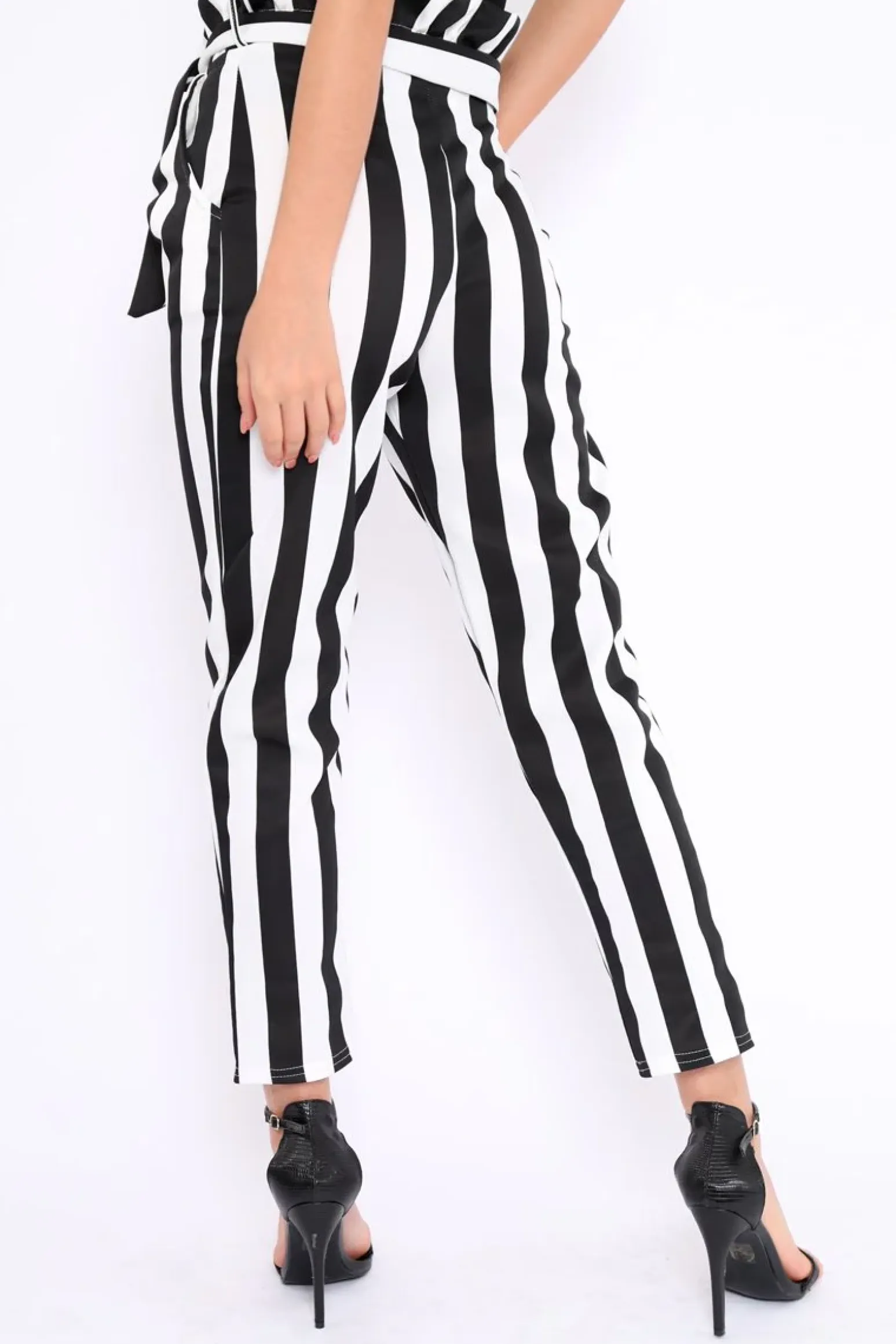 Rebellious Fashion Black and White Striped Tie Waist Tapered Trousers - Dura