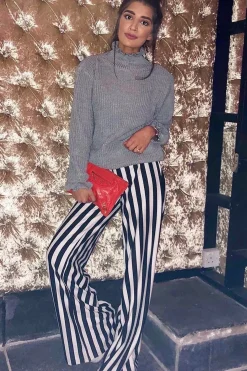 Rebellious Fashion Black and White Striped Wide Leg Trousers - Blakley