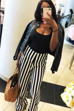 Rebellious Fashion Black and White Striped Wide Leg Trousers - Blakley
