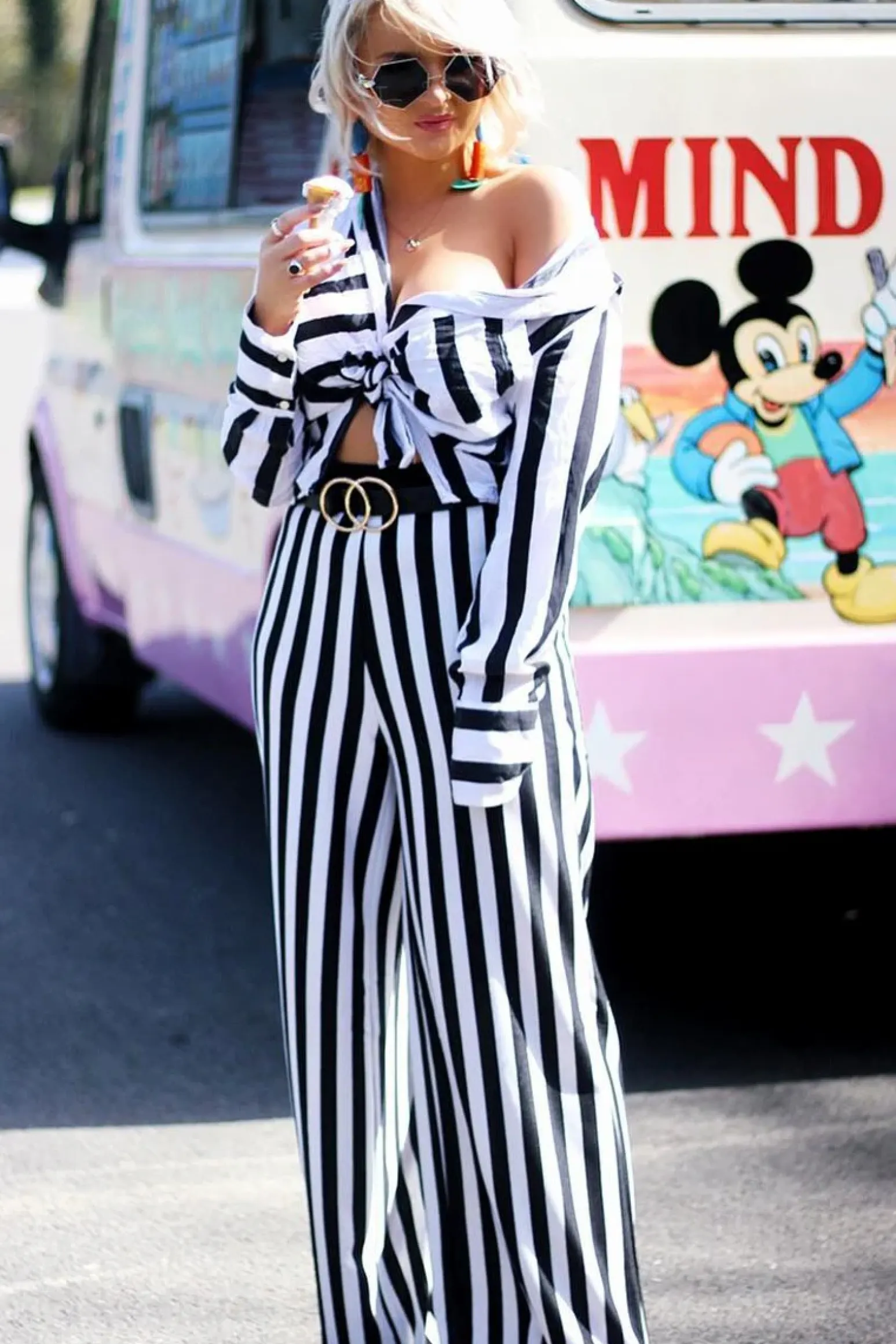 Rebellious Fashion Black and White Striped Wide Leg Trousers - Blakley