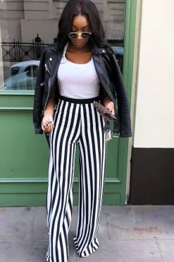 Rebellious Fashion Black and White Striped Wide Leg Trousers - Blakley