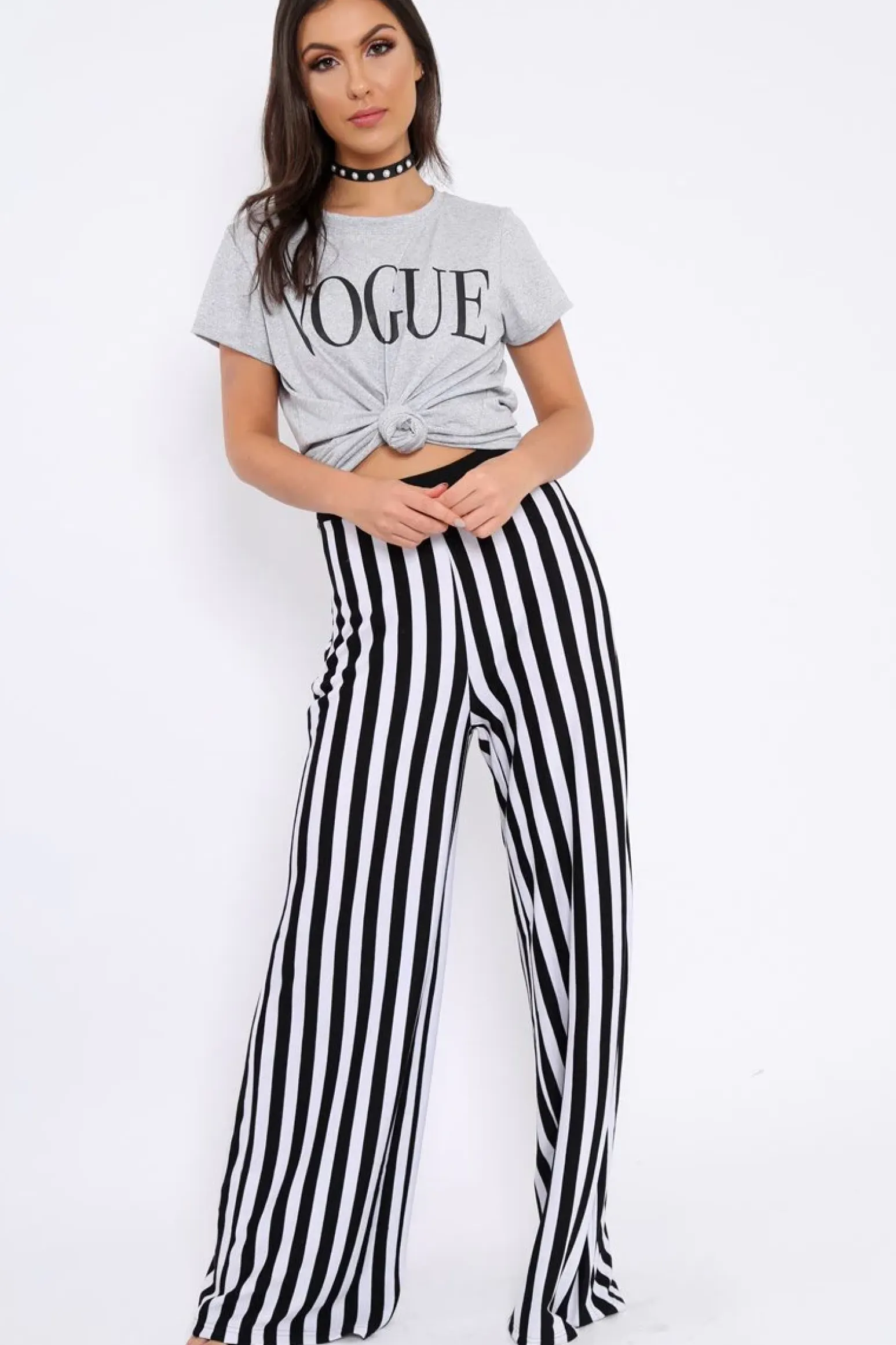 Rebellious Fashion Black and White Striped Wide Leg Trousers - Blakley