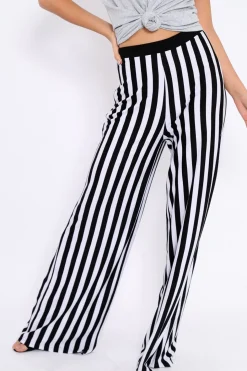 Rebellious Fashion Black and White Striped Wide Leg Trousers - Blakley
