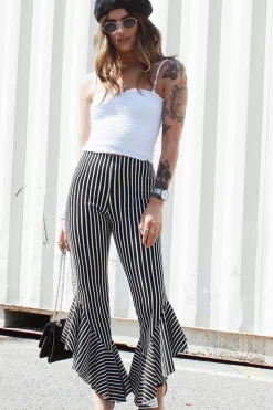 Rebellious Fashion Black and White Stripe Frill Hem Trousers - Ashlie