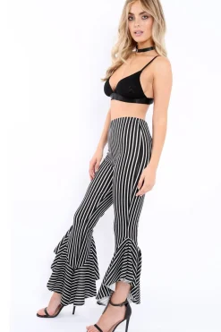 Rebellious Fashion Black and White Stripe Frill Hem Trousers - Ashlie