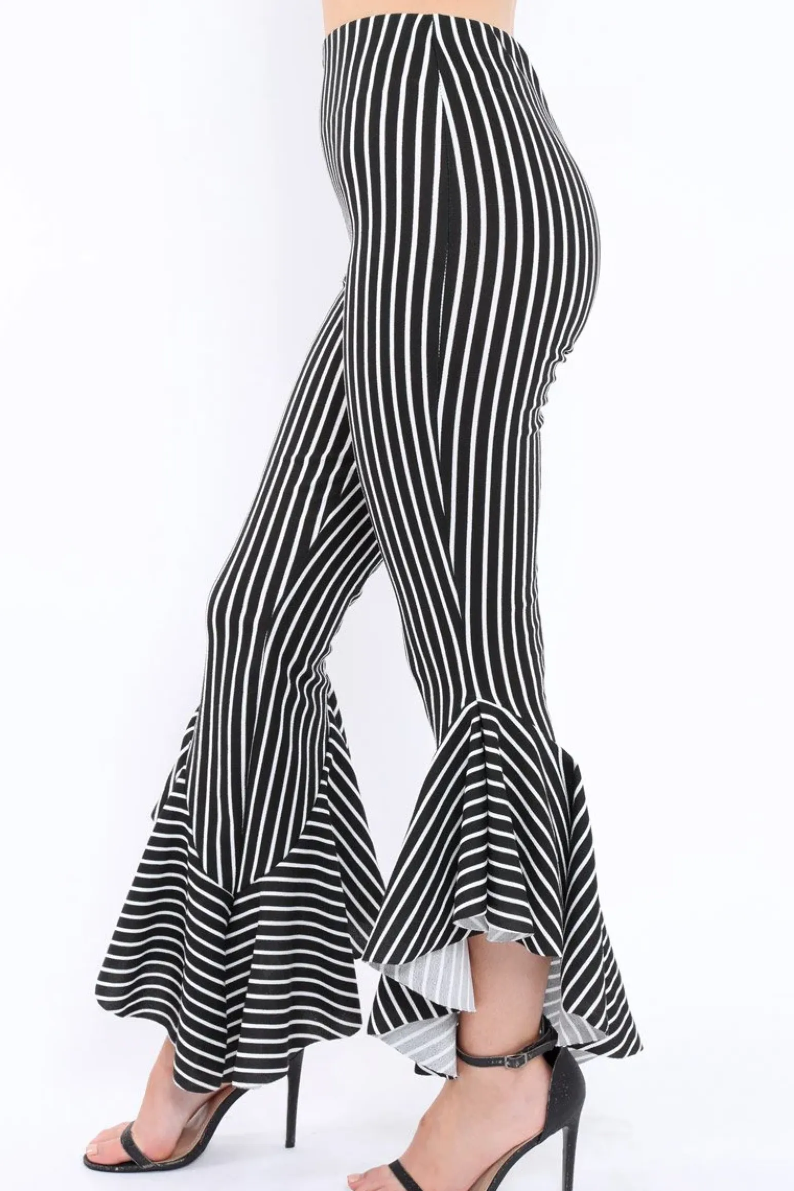 Rebellious Fashion Black and White Stripe Frill Hem Trousers - Ashlie