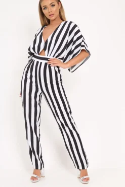 Rebellious Fashion Black And White Stripe Kimono Sleeve Jumpsuit - Pilar