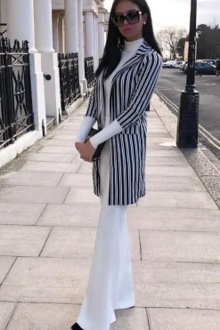 Rebellious Fashion Black And White Stripe Long Blazer - Zunaira