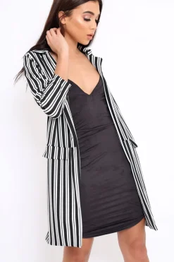 Rebellious Fashion Black And White Stripe Long Blazer - Zunaira