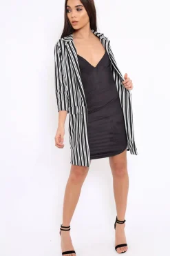 Rebellious Fashion Black And White Stripe Long Blazer - Zunaira