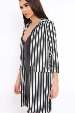 Rebellious Fashion Black And White Stripe Long Blazer - Zunaira