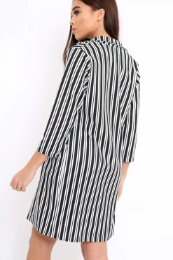 Rebellious Fashion Black And White Stripe Long Blazer - Zunaira